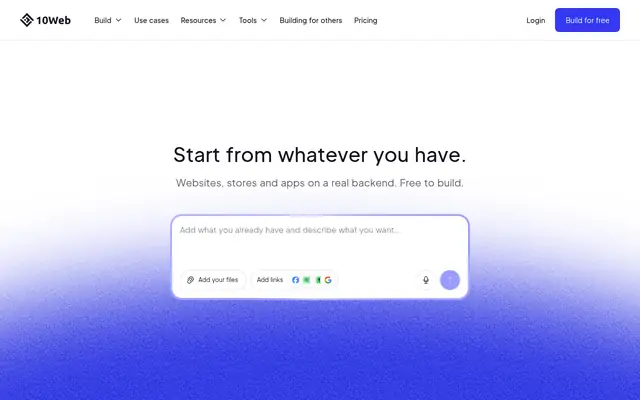 Screenshot of the 10Web homepage