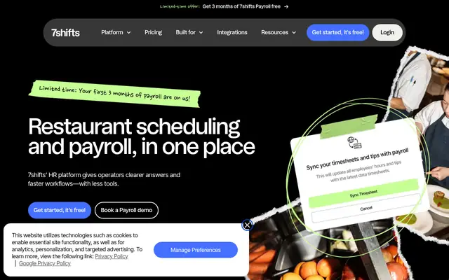 Screenshot of the 7shifts homepage