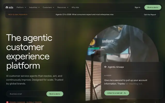 Screenshot of the Ada homepage