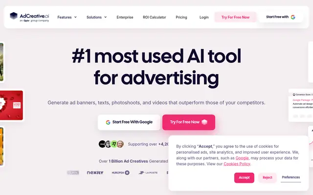 Screenshot of the AdCreative.ai homepage