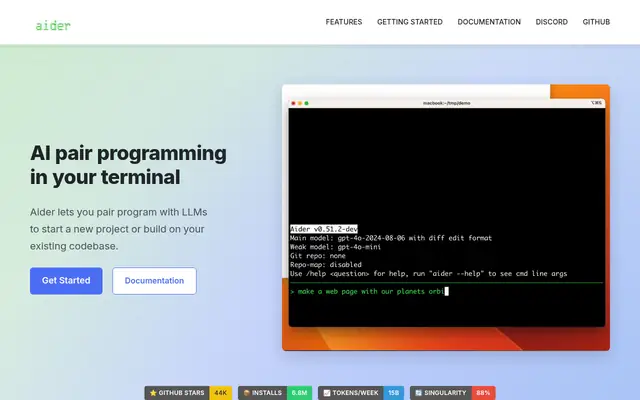 Screenshot of the Aider homepage