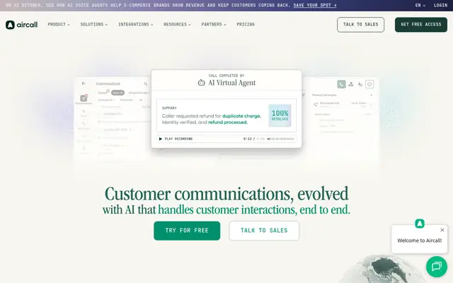 Screenshot of the Aircall homepage