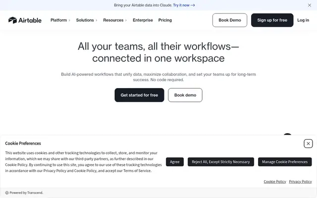 Screenshot of the Airtable homepage