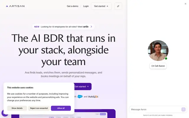 Screenshot of the Artisan homepage