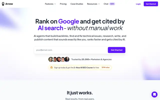 Screenshot of the Arvow homepage