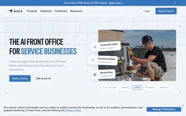 Screenshot of the Avoca AI homepage