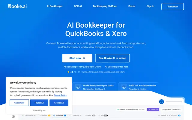 Screenshot of the Booke AI homepage