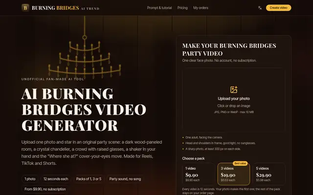 Screenshot of the Burning Bridges AI Video Generator homepage