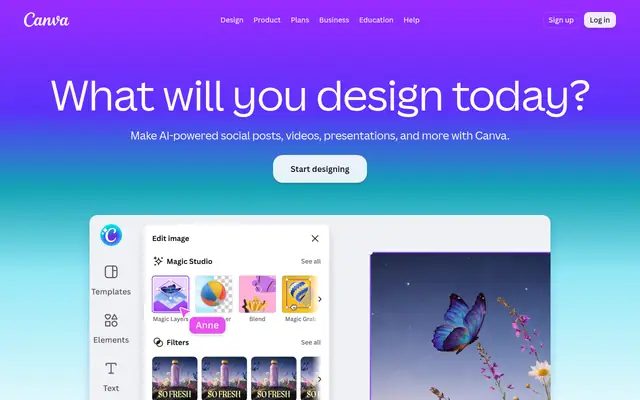 Screenshot of the Canva homepage