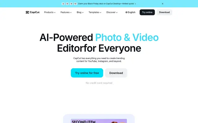 Screenshot of the CapCut homepage