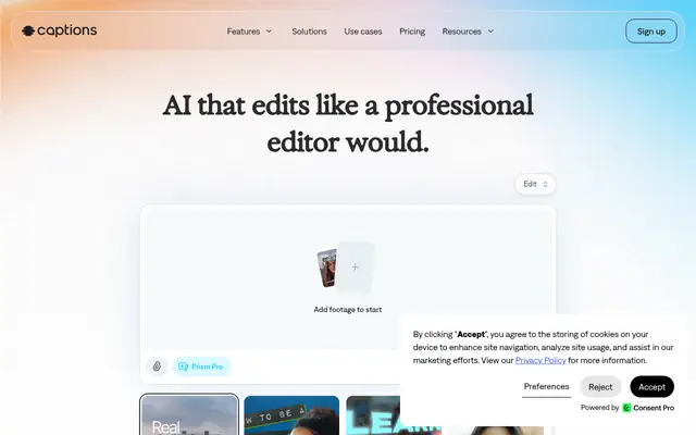 Screenshot of the Captions homepage
