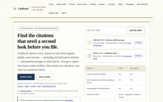 Screenshot of the CiteProof homepage