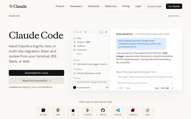 Screenshot of the Claude Code homepage