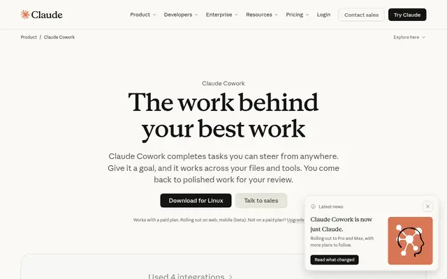 Screenshot of the Claude Cowork homepage
