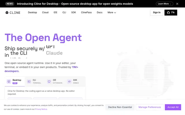Screenshot of the Cline homepage