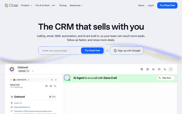 Screenshot of the Close homepage