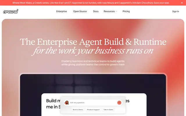 Screenshot of the CrewAI homepage