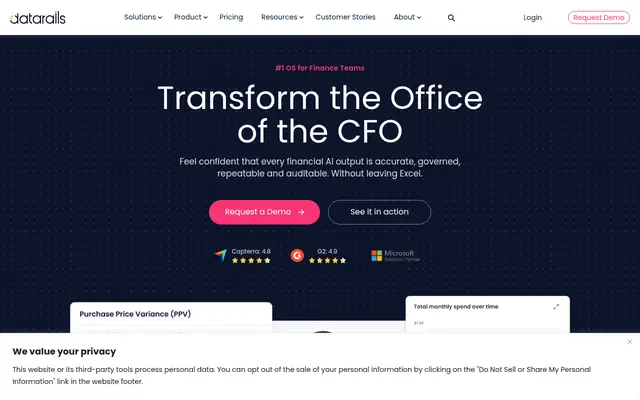 Screenshot of the Datarails homepage