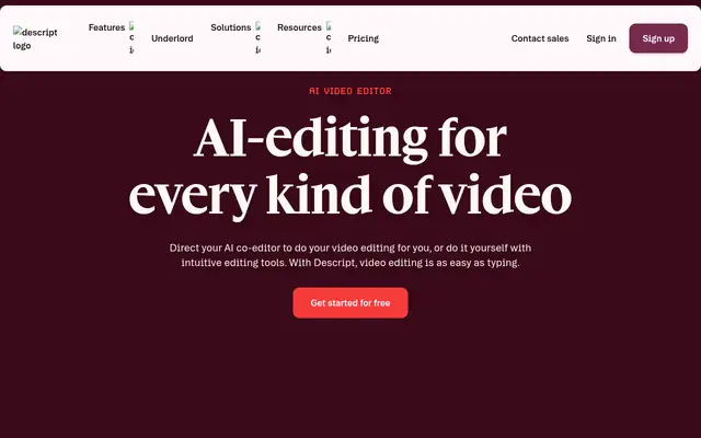 Screenshot of the Descript homepage