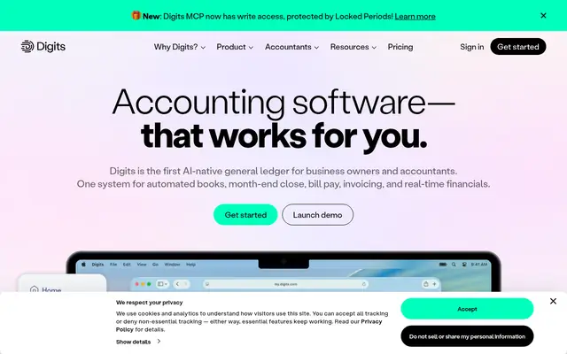 Screenshot of the Digits homepage
