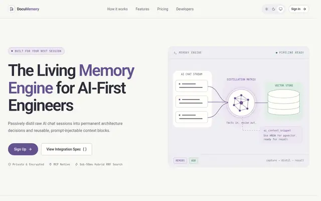Screenshot of the DocuMemory homepage