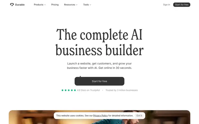 Screenshot of the Durable homepage