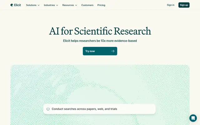 Screenshot of the Elicit homepage