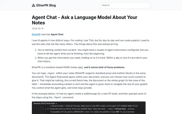 Screenshot of the EtherPK Agent Chat homepage