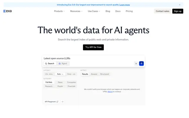 Screenshot of the Exa homepage