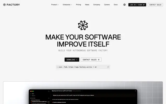 Screenshot of the Factory homepage