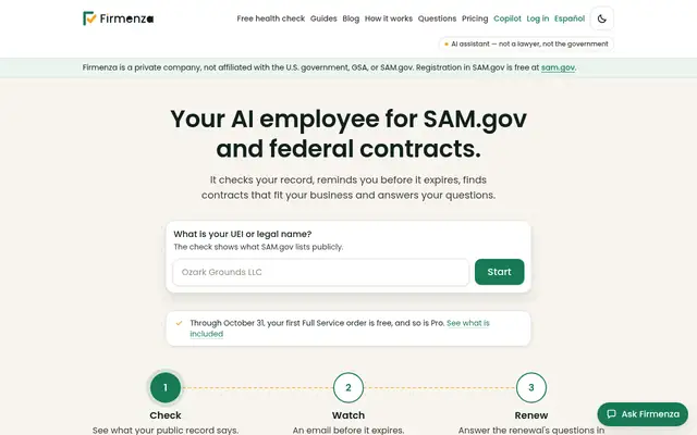 Screenshot of the Firmenza homepage