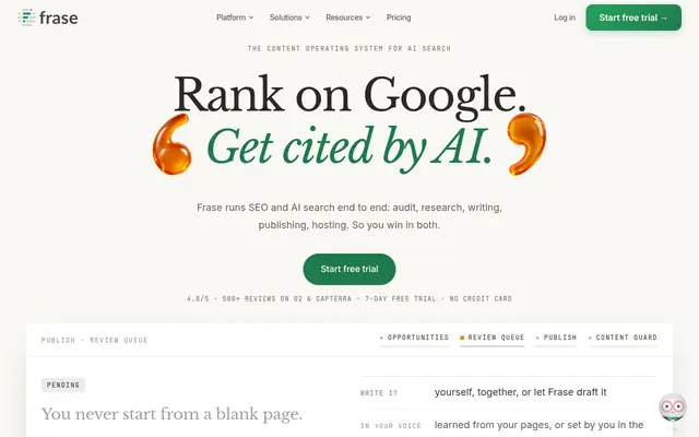 Screenshot of the Frase homepage