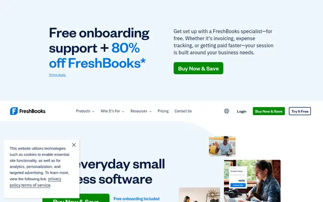 Screenshot of the FreshBooks homepage