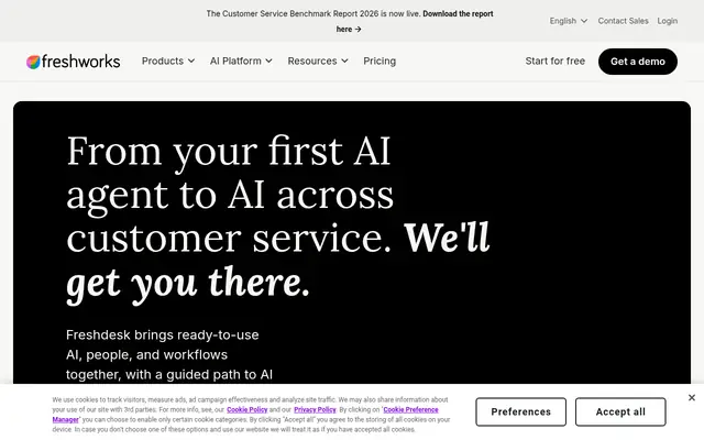 Screenshot of the Freshdesk homepage