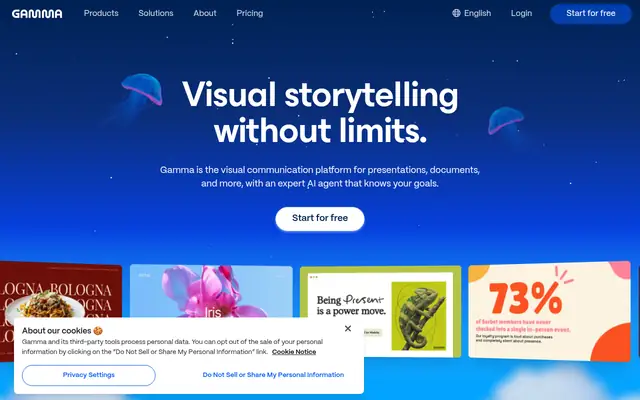 Screenshot of the Gamma homepage