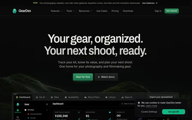 Screenshot of the GearDex homepage
