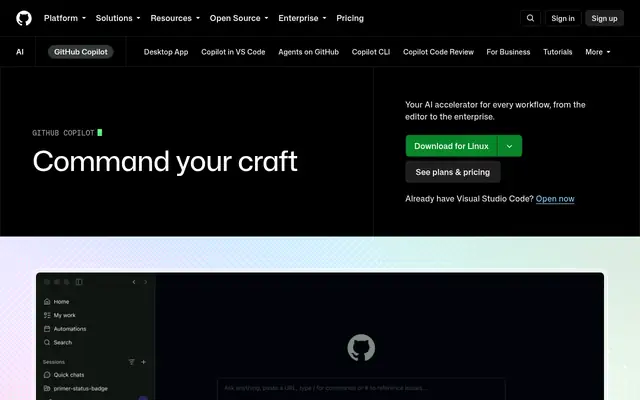 Screenshot of the GitHub Copilot homepage