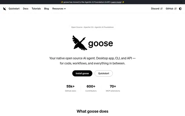 Screenshot of the goose homepage