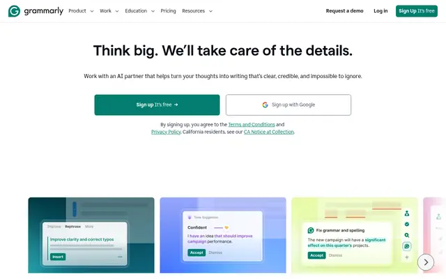 Screenshot of the Grammarly homepage