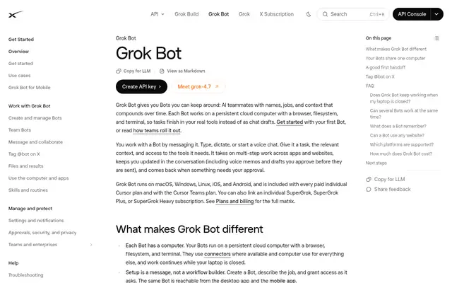 Screenshot of the Grok Bot homepage