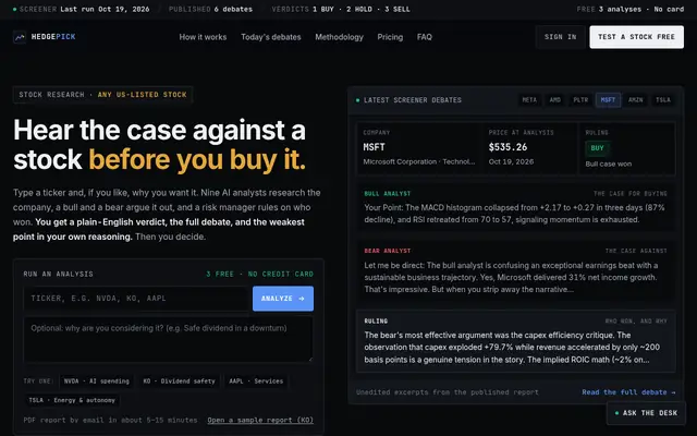 Screenshot of the HedgePick homepage