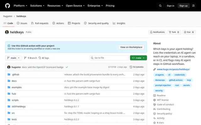 Screenshot of the Heldkeys homepage