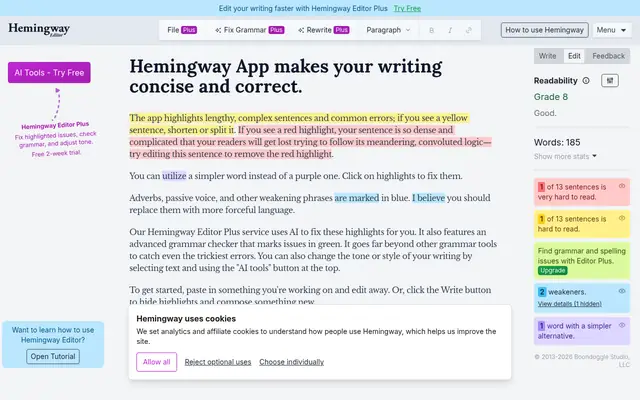 Screenshot of the Hemingway Editor homepage