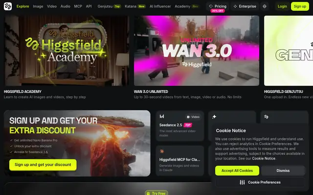 Screenshot of the Higgsfield homepage