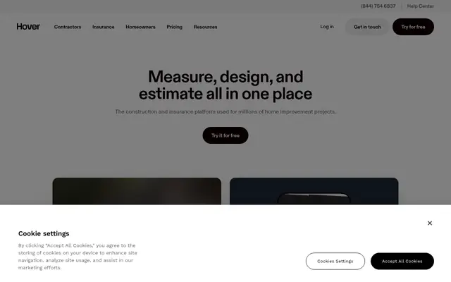 Screenshot of the Hover homepage