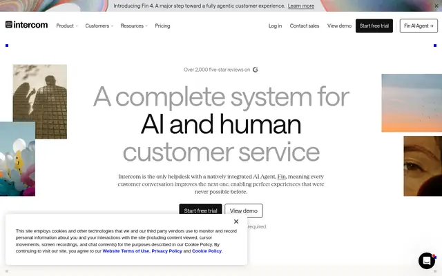 Screenshot of the Intercom homepage