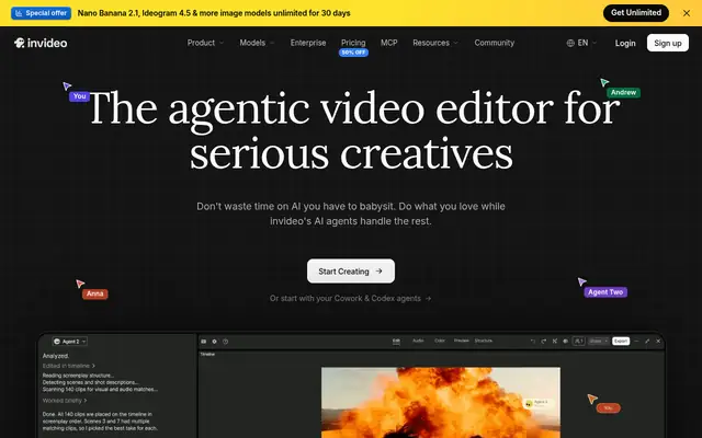 Screenshot of the InVideo homepage