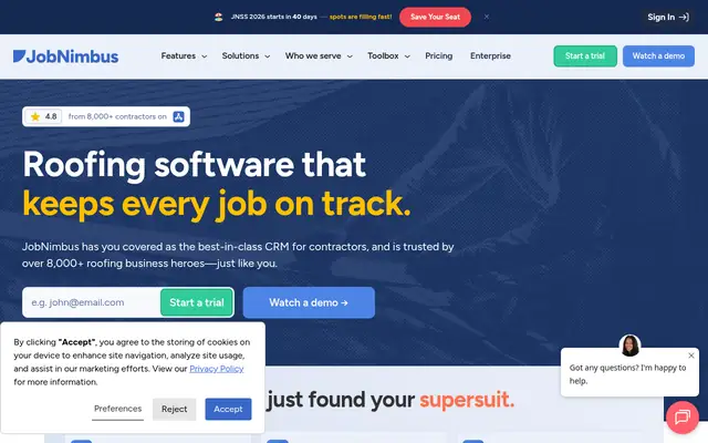 Screenshot of the JobNimbus homepage