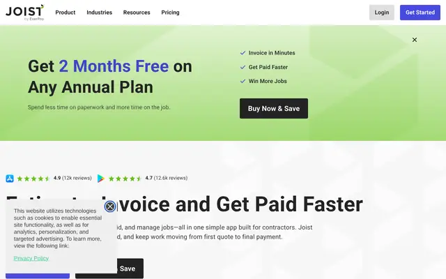 Screenshot of the Joist homepage