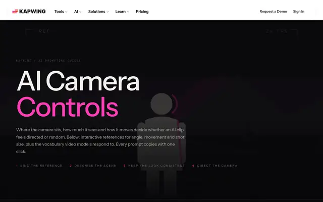 Screenshot of the Kapwing AI Camera Controls homepage